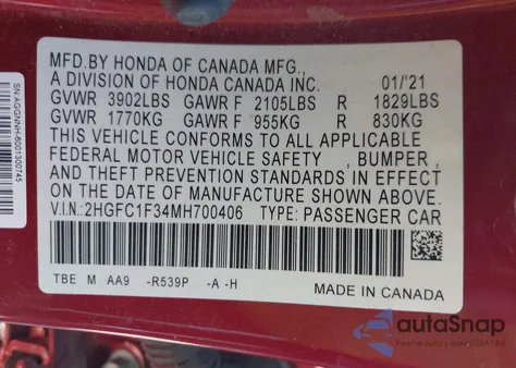 2021 Honda Civic Ex from USA, damaged, VIN 2HGFC1F34MH700406